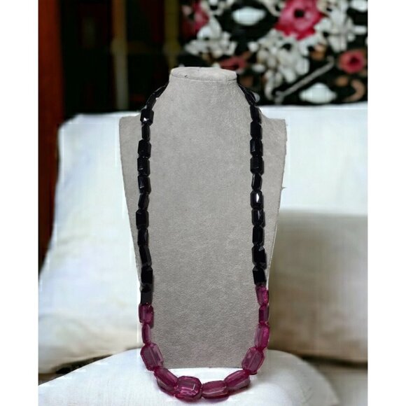 Express Unique Long Clear Large Fuchsia & Black Rectangular Beads 34" - Picture 1 of 11